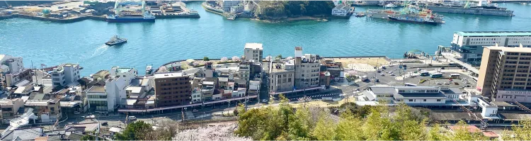 背景画像:尾道を上から見下ろした街並みや海、船が写っています。